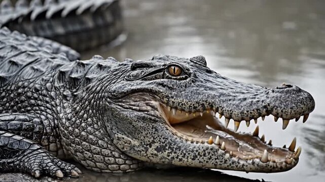 Close up shot of a large alligator in natural habitat
