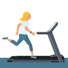 Fototapeta premium Cheerful girl running on a treadmill indoors in a tracksuit, sneakers, sports activities, sports equipment