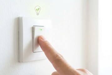 Finger pressing a white wall light switch with a glowing green eco leaf lightbulb icon above it