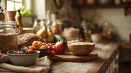 Cozy rustic kitchen interior with fresh healthy organic food ingredients including whole grain bread, ripe fruits, tomatoes, and bowls of cereal grains on a wooden countertop by a sunny window