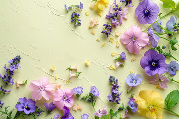 Beautiful flat lay of spring flowers with pink petunias and purple pansies on a light green textured background, decorative floral frame with copy space for greetings, invitations, and gardening