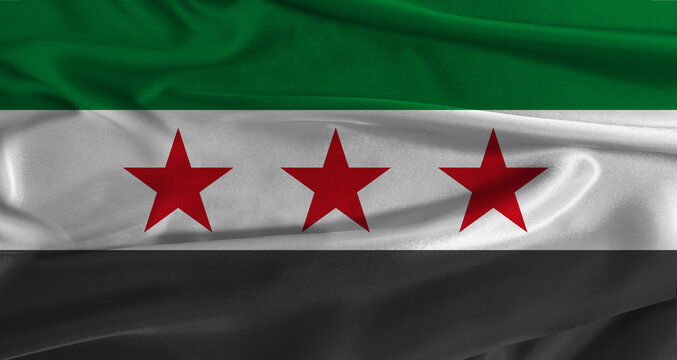 Flag of Syria with fabric textured background. Close up of National flag of Syria with realistic texture