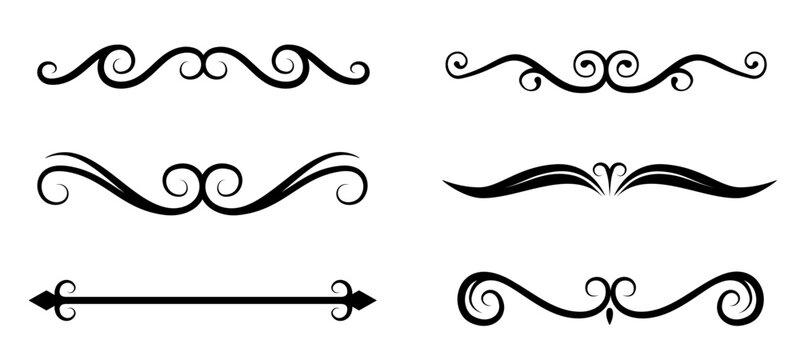 Set of black ornamental dividers and flourishes on white background. Various swirls, curls, and symmetrical design elements. Vector illustration