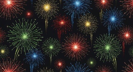 Fototapeta premium Numerous colorful fireworks explode brightly across a dark night sky creating a festive and celebratory visual pattern.