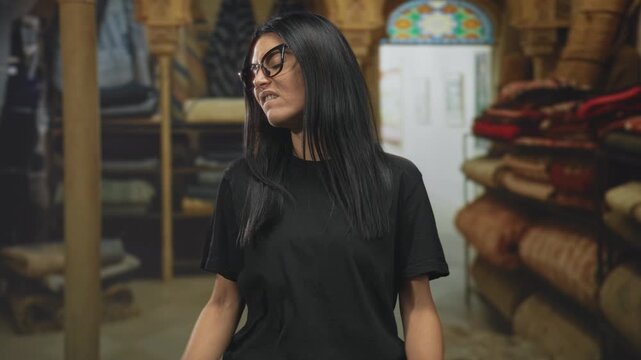 Woman biting lower lip and clenching fists beside stacked rugs and shelves in a building carpet shop; defiant attitude.