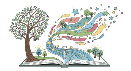 Obraz premium Whimsical illustration of a tree growing out of an open book with colorful swirling elements and stars