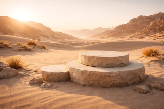 Panoramic desert landscape with sandstone mountains and rocky canyon at sunset in a dry valley with sand rocks and wide sky inspired by Death Valley Egypt and the Dead Sea region