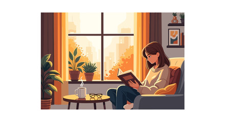 Fototapeta premium Woman reading a book on the couch beside a window with plants in a cozy room