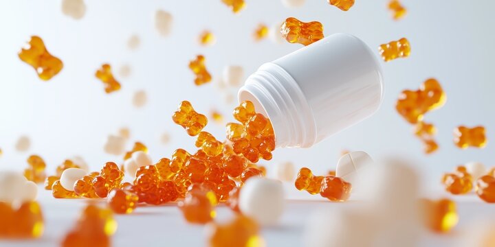 Orange gummy bears flying from container, sweet vitamin gummies and wellness supplements for immune support advertising