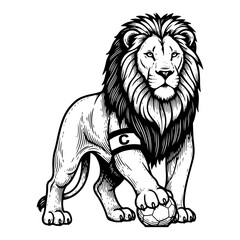 Obraz premium Engraving style illustration of a majestic lion wearing a soccer captain armband with a ball