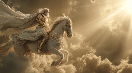Naklejka premium Jesus Christ riding a white horse biblical Book of Revelation second coming and victory. Prince of Peace war off Armageddon victory. Son of God kingship and judgment heavenly divine horse rider. 