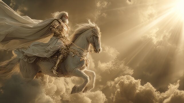 Jesus Christ riding a white horse biblical Book of Revelation second coming and victory. Prince of Peace war off Armageddon victory. Son of God kingship and judgment heavenly divine horse rider. 