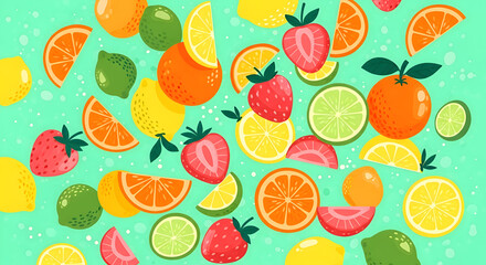 Obraz premium Playful and vibrant digital illustration featuring a scattered arrangement of sliced citrus fruits, strawberries, and limes against a cheerful turquoise backdrop, creating a lively pattern.