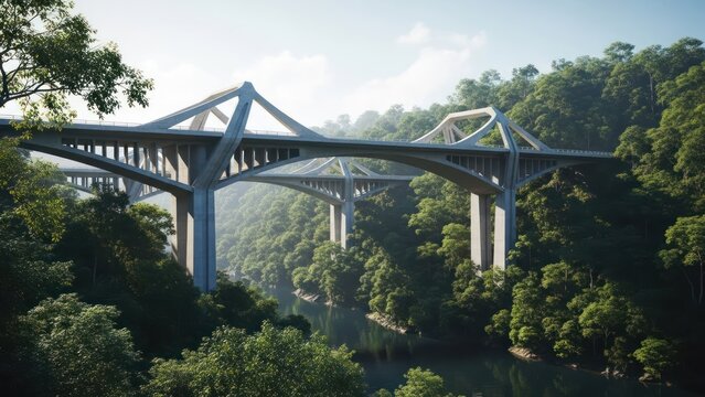 A concrete bridge spans a river, framed by lush green trees under a bright blue sky