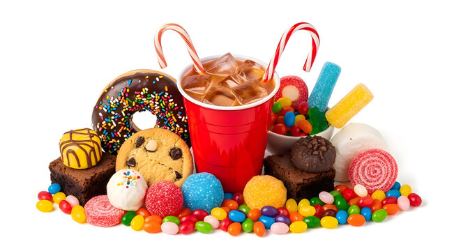 Vibrant assortment of sugary treats, including colorful candies, frosted cookies, chocolate brownies, glazed donuts, and a refreshing iced beverage with candy canes, presented on a white surface.