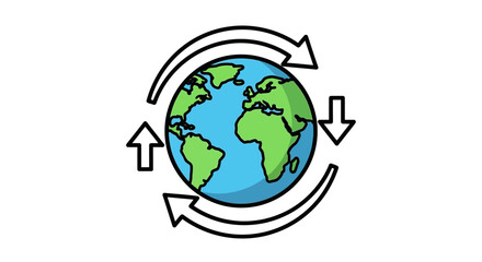 Fototapeta premium Simplified illustration of the Earth with arrows indicating rotation and global movement, showcasing a minimalist representation of the planet and its dynamics