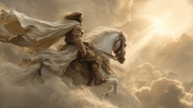 Jesus Christ riding a white horse biblical Book of Revelation second coming and victory. Prince of Peace war off Armageddon victory. Son of God kingship and judgment heavenly divine horse rider. 