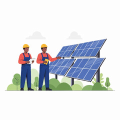 Two Technicians Inspecting Solar Panels for Renewable Energy Production.