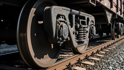Close-up of a train's wheels and undercarriage resting on tracks with detail