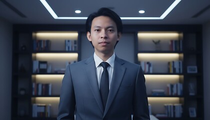 Fototapeta premium Professional asian businessman wearing a crisp suit standing with confidence in a modern office interior