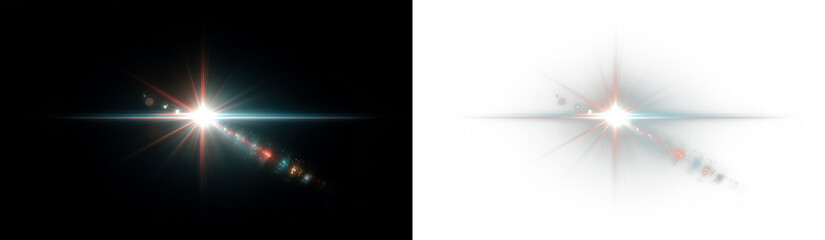 Fototapeta premium Bright lens flare starburst with glowing light beam rays sparkle particles and optical streak effect isolated on transparent background