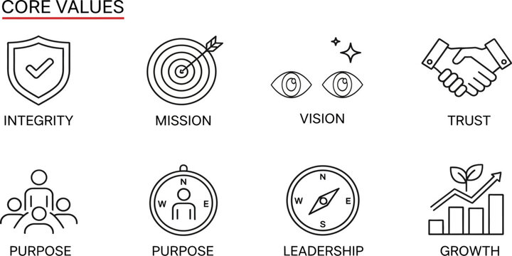 Set of core values line icons including integrity, mission, vision, trust, leadership, growth.