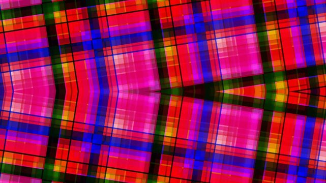 Vibrant multicolored plaid pattern with intersecting lines and bright hues.