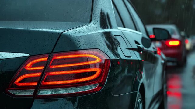 Closeup of a cars brake lights glowing through falling rain while the vehicle slows down highlighting careful stopping on slick pavement.