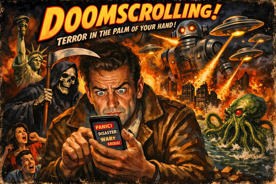 vintage pulp science fiction action adventure illustration of man doomscrolling, mesmerized by bad news as if possessed
