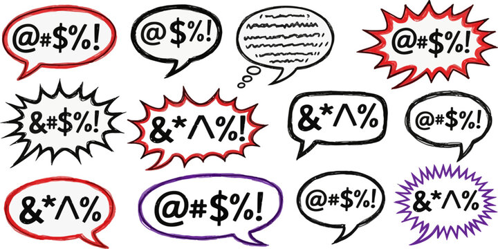 Comic speech bubbles with censored profanity symbols and cartoon expressions
