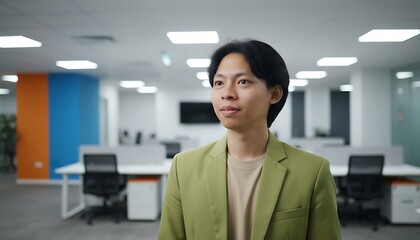 Fototapeta premium Young asian business professional in green blazer standing in a bright modern corporate office interior