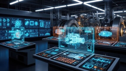 Obraz premium Modern industrial control room with holographic displays monitoring machinery