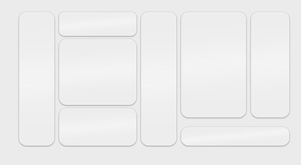 set of transparent glass on sample background. Glass framework set. Glass square, rectangular and round buttons on checkered background.	
