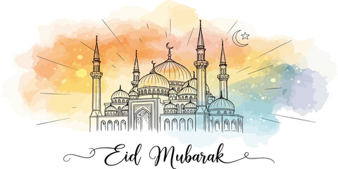 Eid Mubarak Ramadan Kareem greeting with mosque illustration watercolor background © Anabella