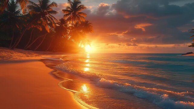 Tropical Beach Sunset with Palm Trees and Ocean Waves wallpaper