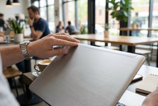 Close up of male hand closing silver laptop on table in modern cafe