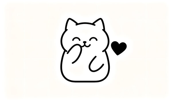 Adorable kawaii cat making finger heart gesture with a black heart on white background.