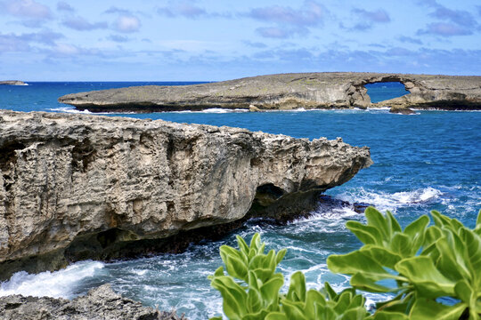 Dramatic rock formations with an ocean view of Laie point on Oahu in selective focus, Hawaii