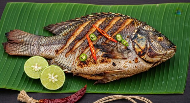 Gourmet Poisson Brais&eacute;: Whole Grilled Tilapia on Banana Leaf with Deep Negative Space and Heritage Accents