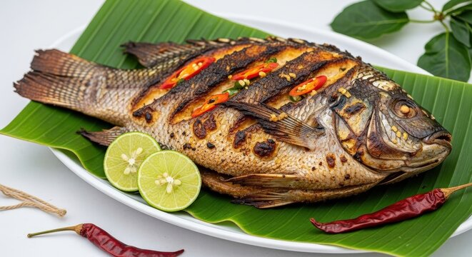 Gourmet Poisson Brais&eacute;: Whole Grilled Tilapia on Banana Leaf with Deep Negative Space and Heritage Accents