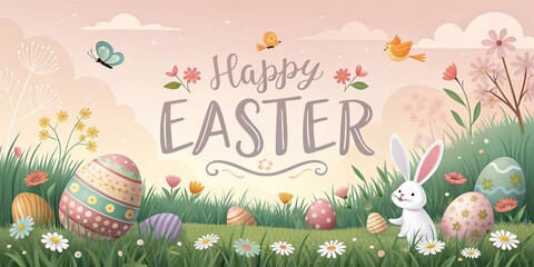 Happy Easter greeting card with cute bunnies colorful egg spring meadow joy.
