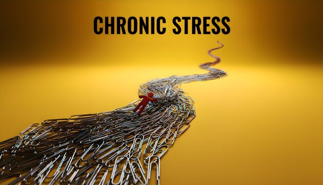 A small red human figure metaphorically navigating an overwhelming winding path made of countless paper clips, symbolizing the immense burden and entrapment of chronic stress experienced in the
