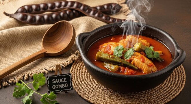 Gourmet Sauce Gombo: Traditional Okra and Chicken Stew in Clay Bowl with Moabi Plaque and Ndoa Raffia Mat