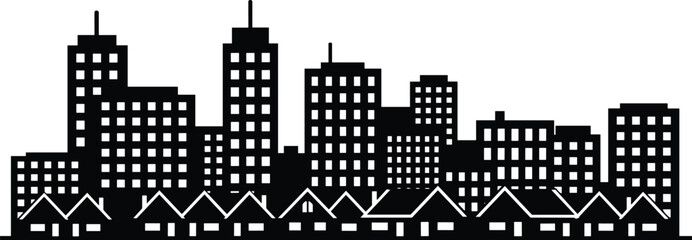 Minimal vector silhouette, city skyline with residential buildings, solid black, isolated on white. © Saruf