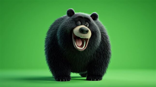 Funny Cartoon Black Bear Character Laughing on Green Background