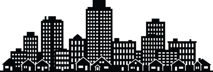 Minimal vector silhouette, city skyline with residential buildings, solid black, isolated on white. © Saruf