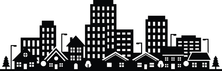 Minimal vector silhouette, city skyline with residential buildings, solid black, isolated on white. © Saruf