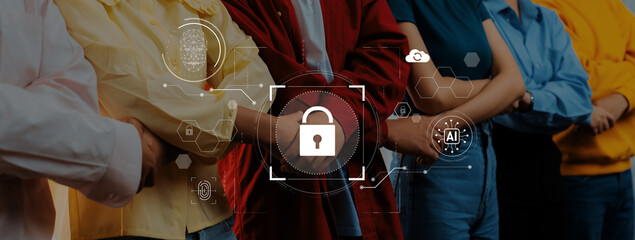 A diverse group of people stands confidently with crossed arms, embodying collaboration and unity in a digital security setting enhanced by abstract technology elements. Trope © InfiniteFlow