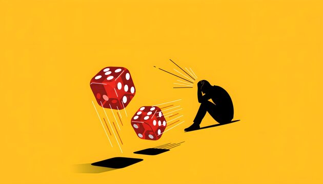 Silhouette of a person deeply distressed by the chaos of rolling red dice illustrating the severe negative psychological impact of gambling addiction and financial risk