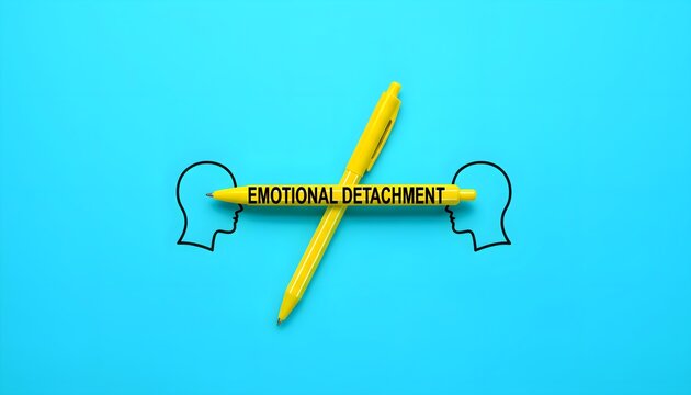 Conceptual illustration depicting the idea of emotional detachment using a bright yellow pen with text placed between two stylized human head outlines on a vibrant blue background
